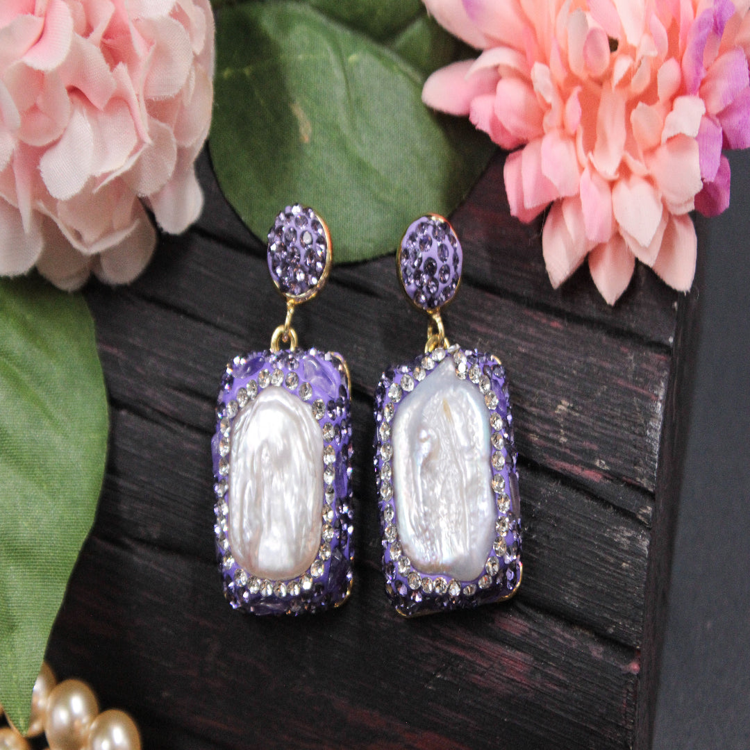 Purple Crystal Rectangle Earrings with Baroque Pearl Center -SIA451651_A