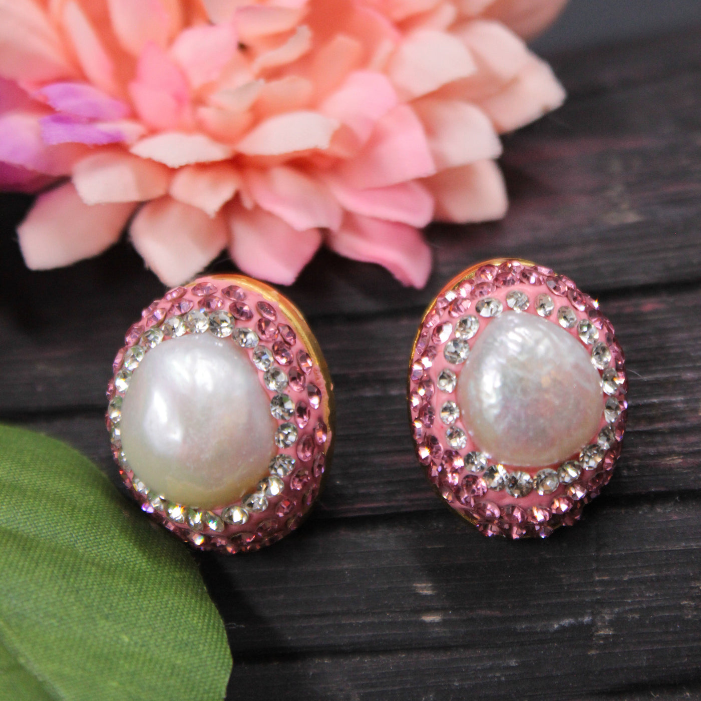 Pink Crystal Studs with Lustrous Pearl Center-SIA451659