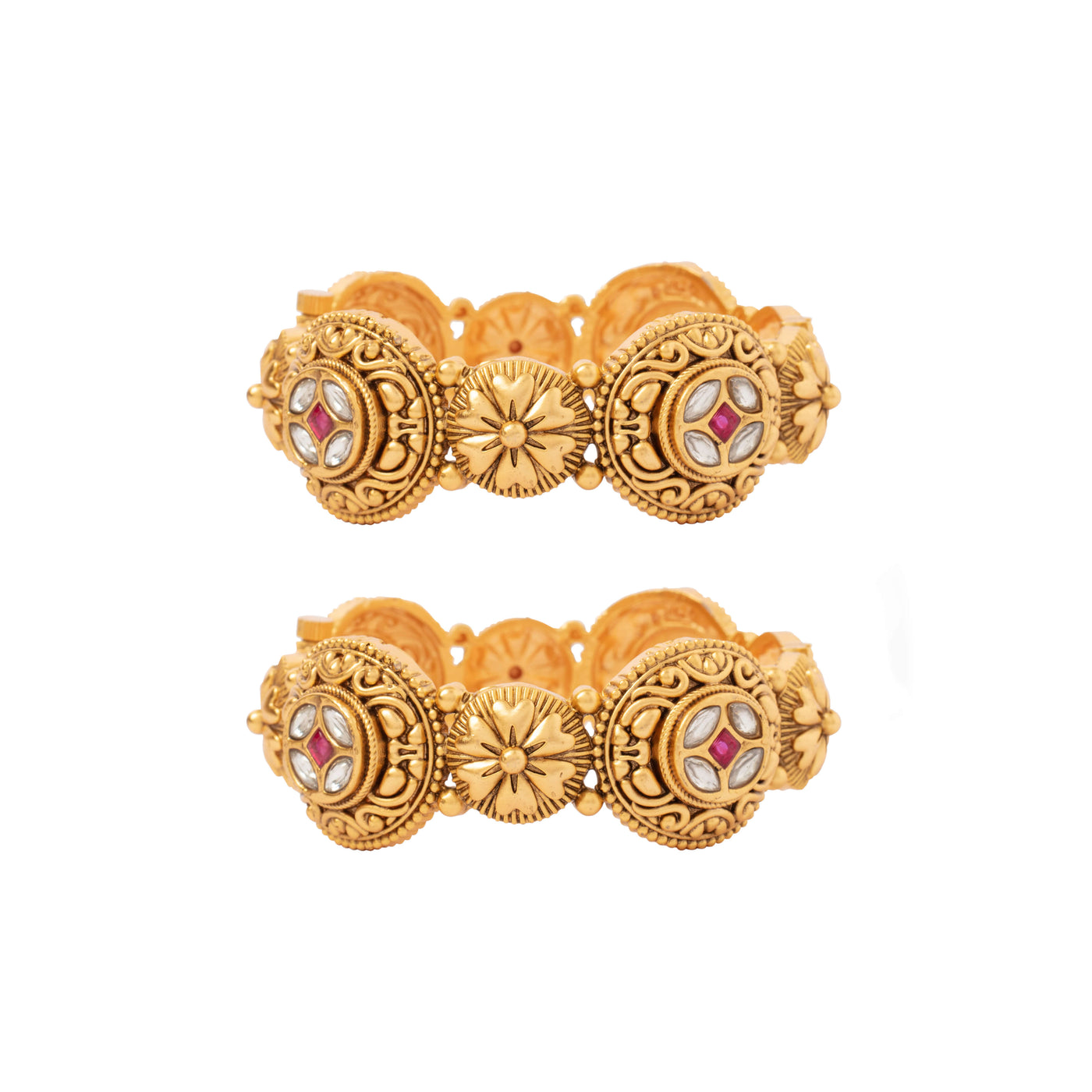 Gold Plated Kundan Studded Screw Openable Temple Bangles, Set of 2 - VB029