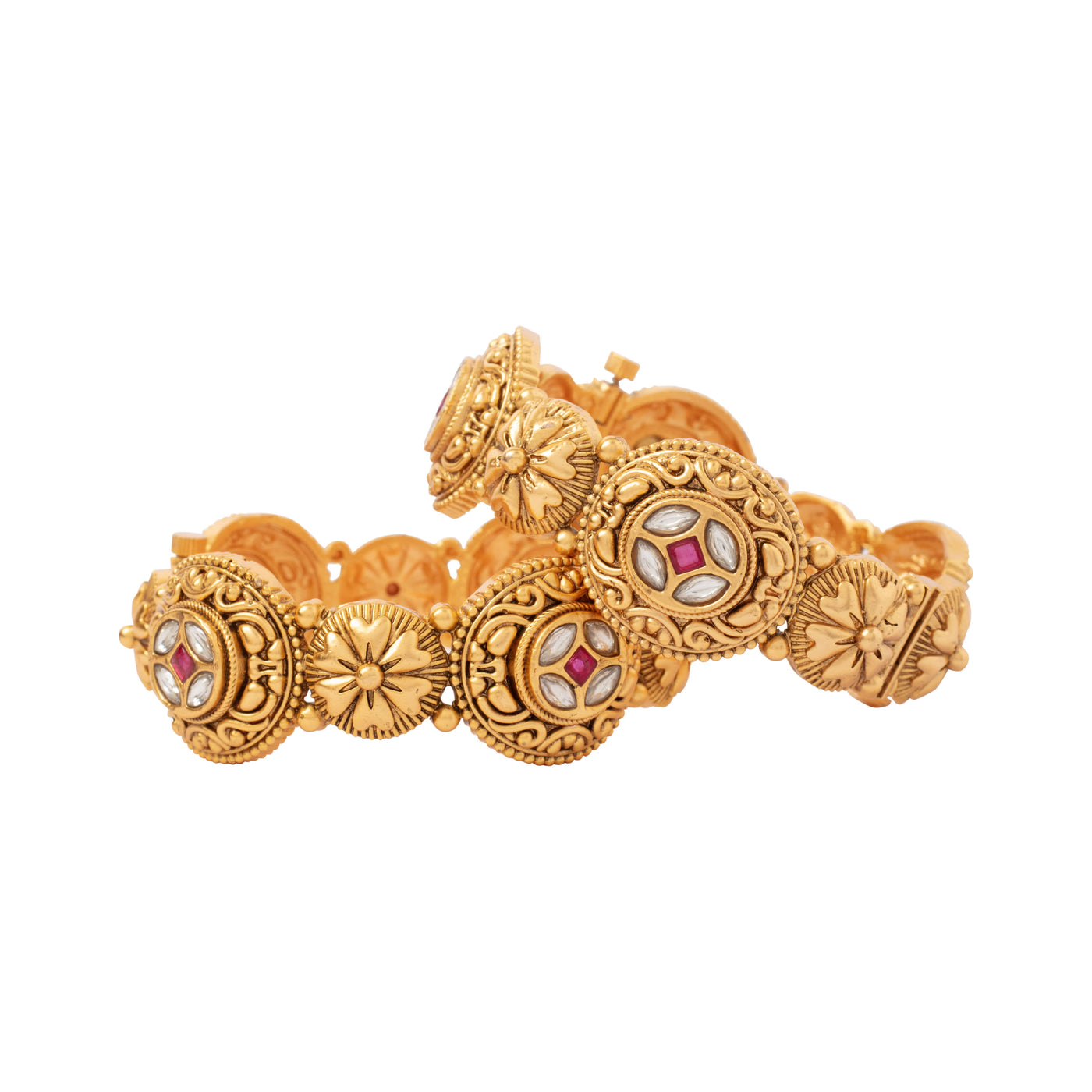 Gold Plated Kundan Studded Screw Openable Temple Bangles, Set of 2 - VB029