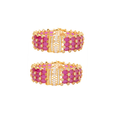 Gold Plated Kundan With Zircon Studded Red Synthetic Stone Bangles, Set of 2 - VB041