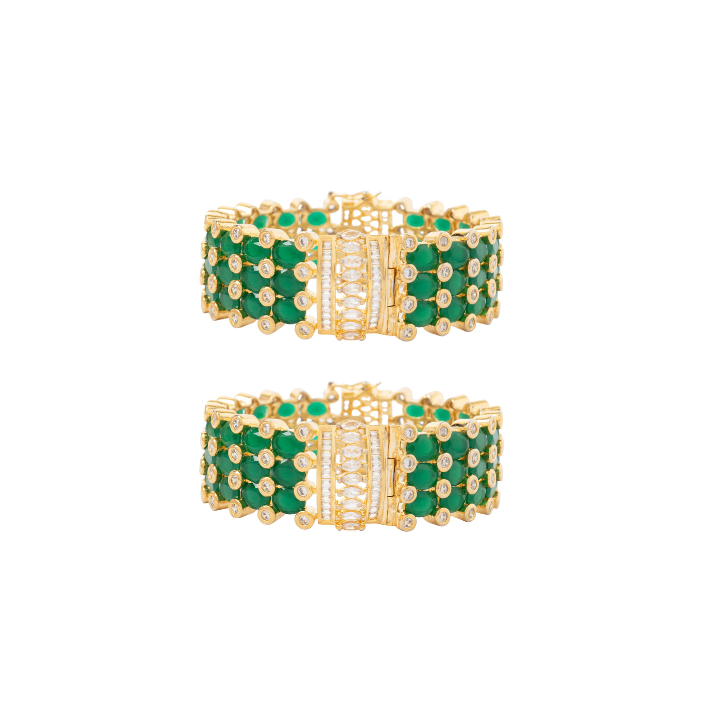 Gold Plated Kundan With Zircon Studded Green Synthetic Stone Bangles, Set of 2 - VB042