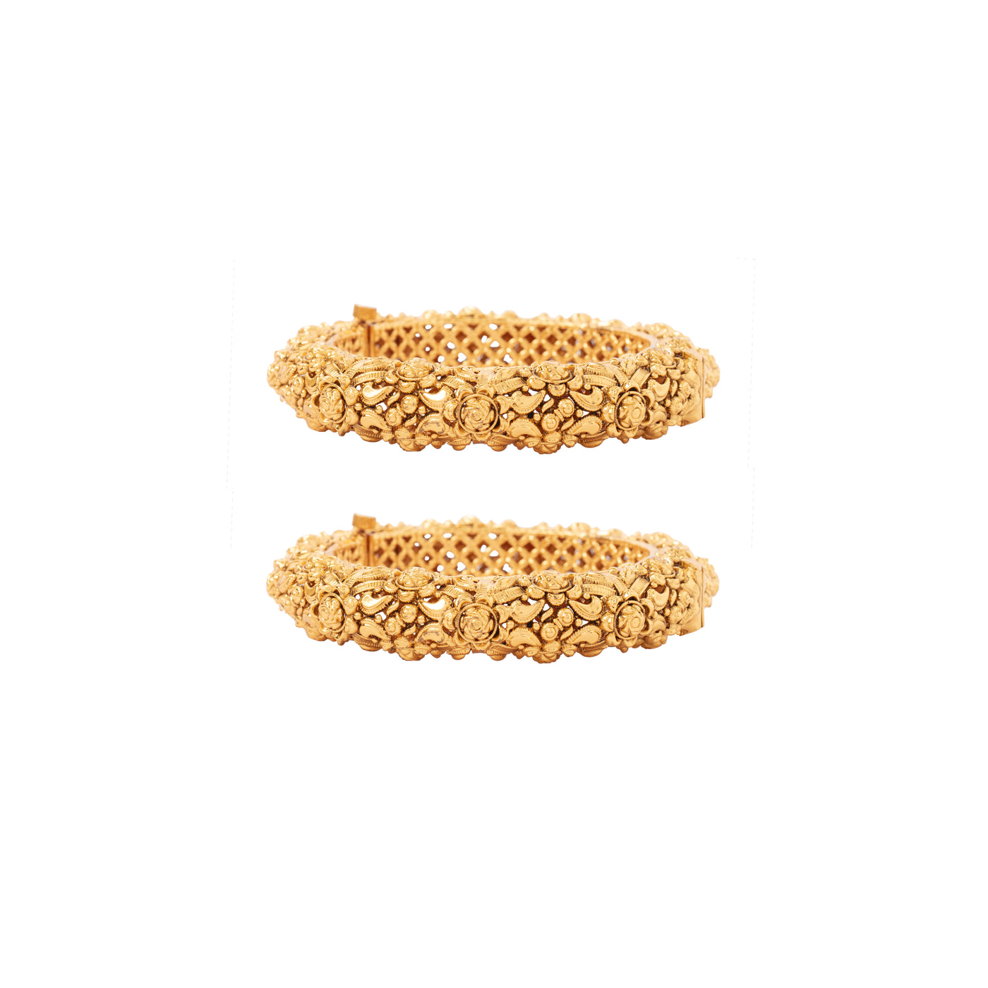 Gold Plated Flower Designed Temple Screw Openable Bangles, Set of 2 - VB069