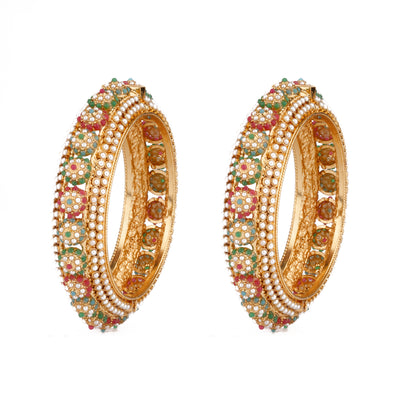 Gold Plated Red & Green Onyx Stone With Pearl Studded Bangles, Set of 2 - VB098