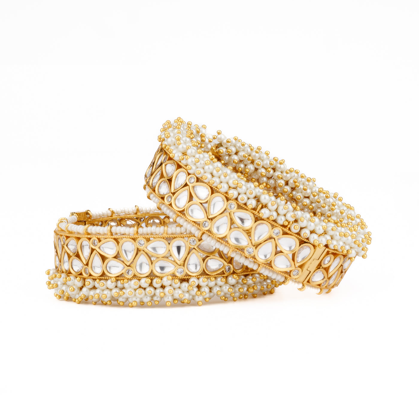 Gold Plated Kundan & Pearls Bangles, Set of 2 - VB104