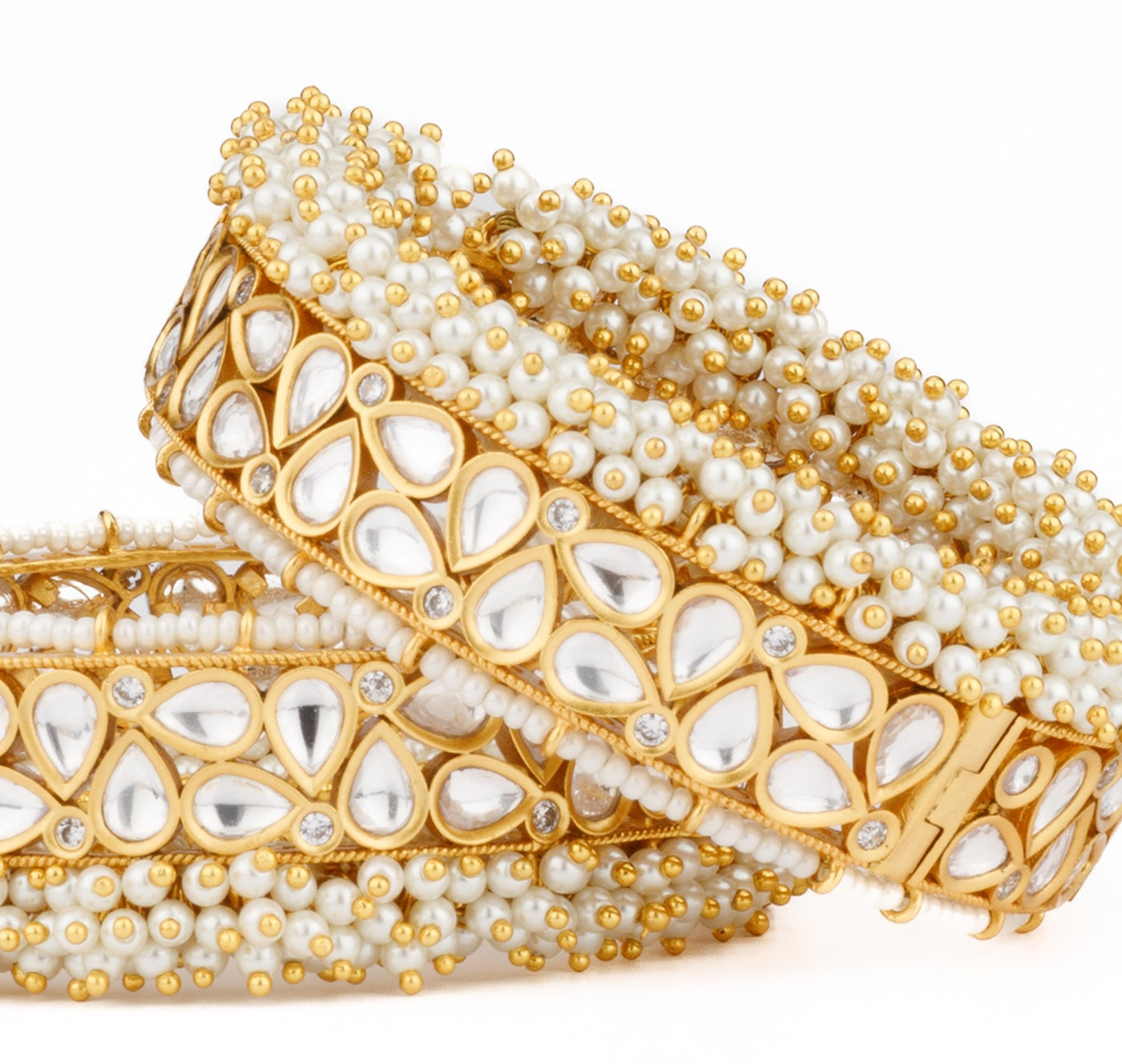 Gold Plated Kundan & Pearls Bangles, Set of 2 - VB104