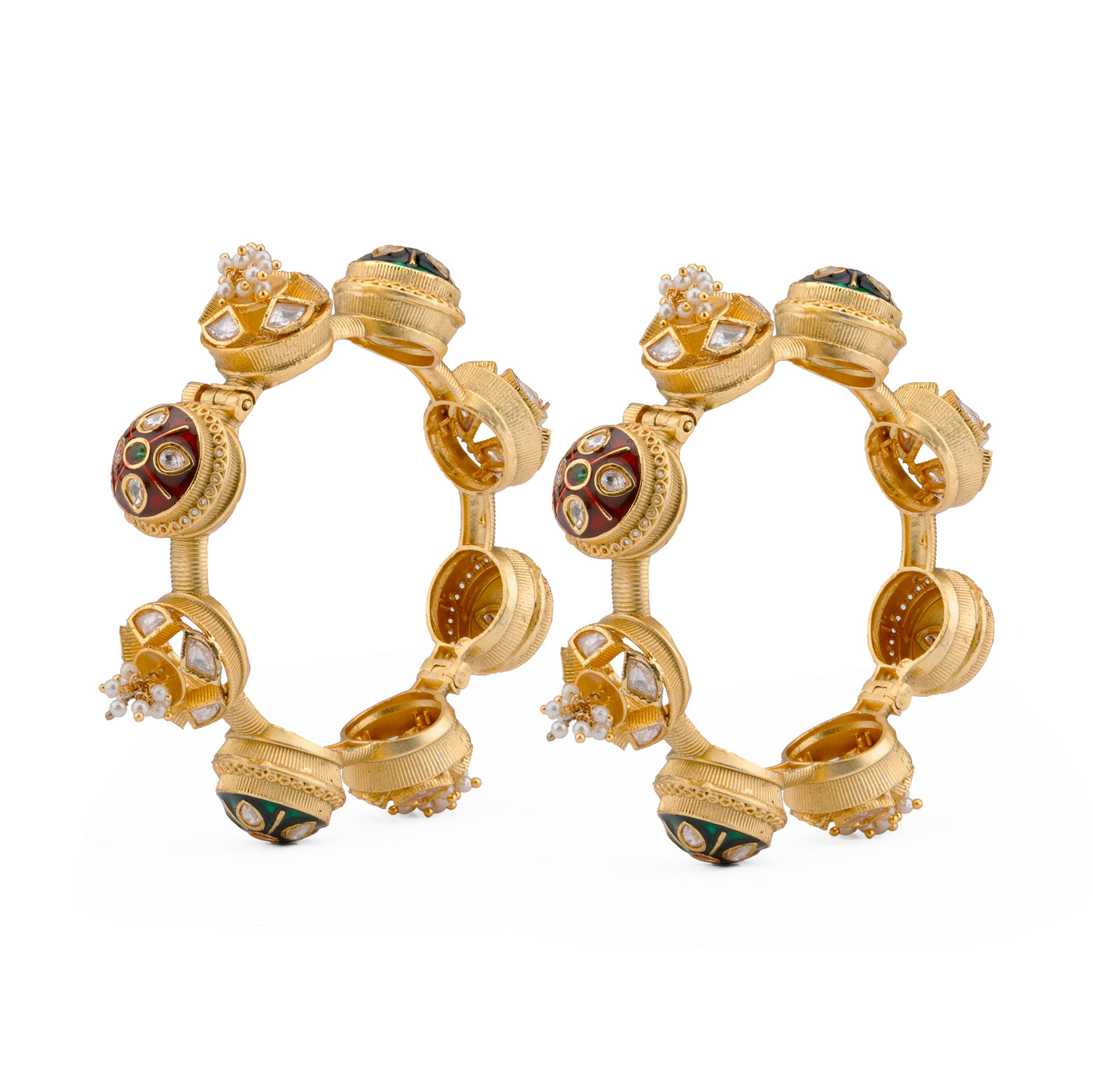 Gold Plated Kundan Studded With Red & Green Onyx Bangles, Set of 2 - VB110