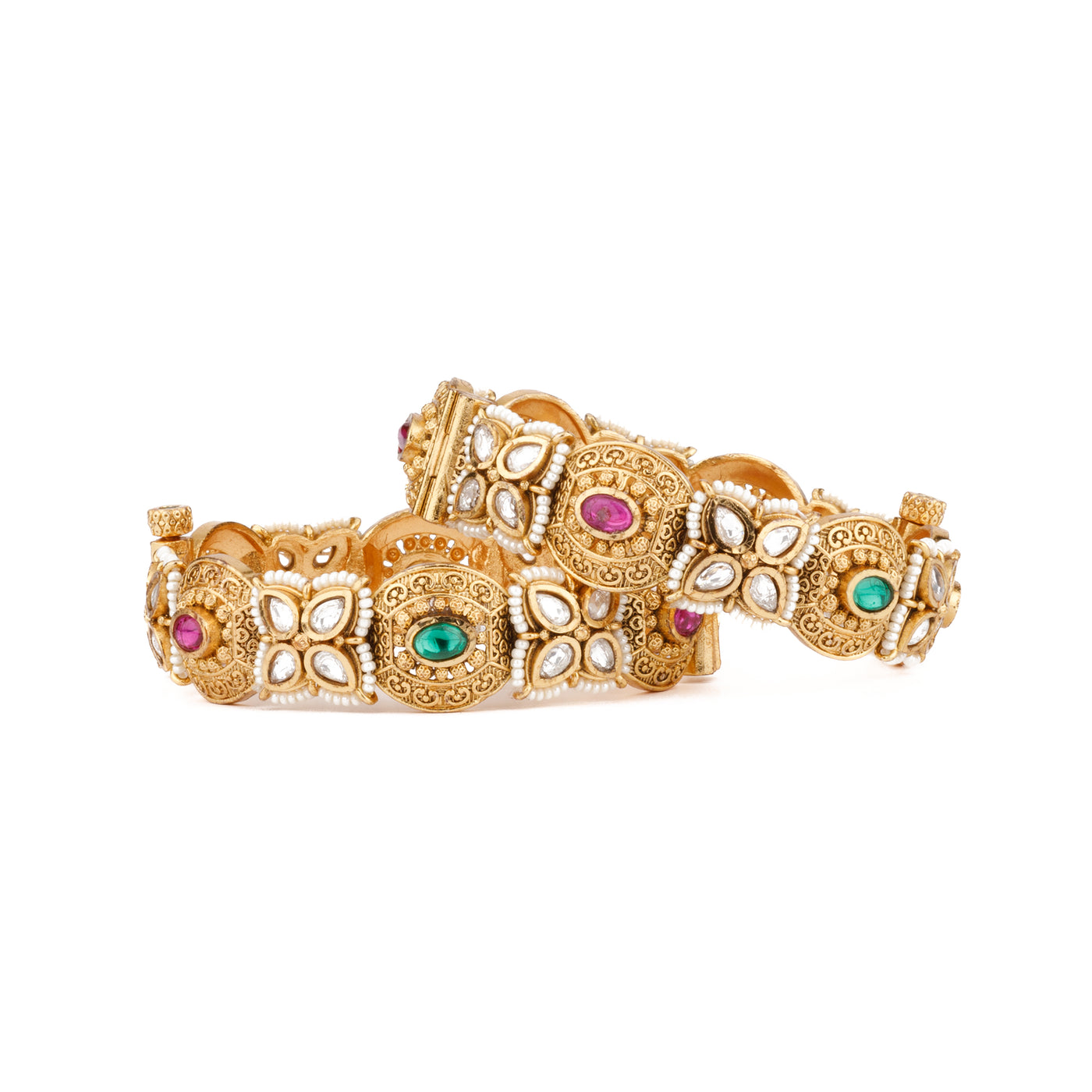 Gold Plated Kundan With Pink & Green Onyx Stone Bangles, Set of 2 - VB114