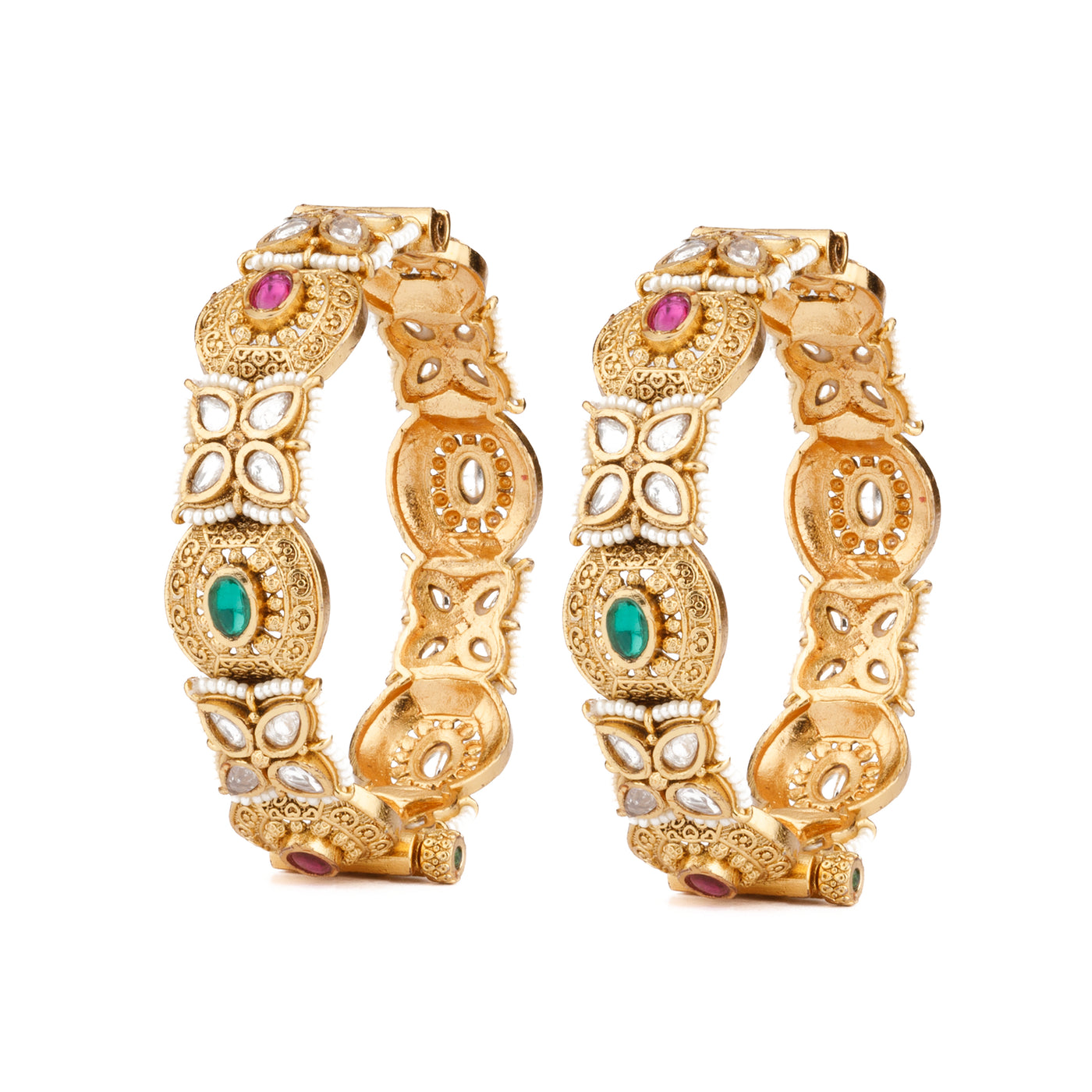 Gold Plated Kundan With Pink & Green Onyx Stone Bangles, Set of 2 - VB114