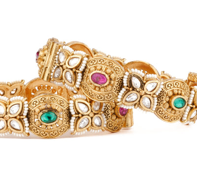 Gold Plated Kundan With Pink & Green Onyx Stone Bangles, Set of 2 - VB114