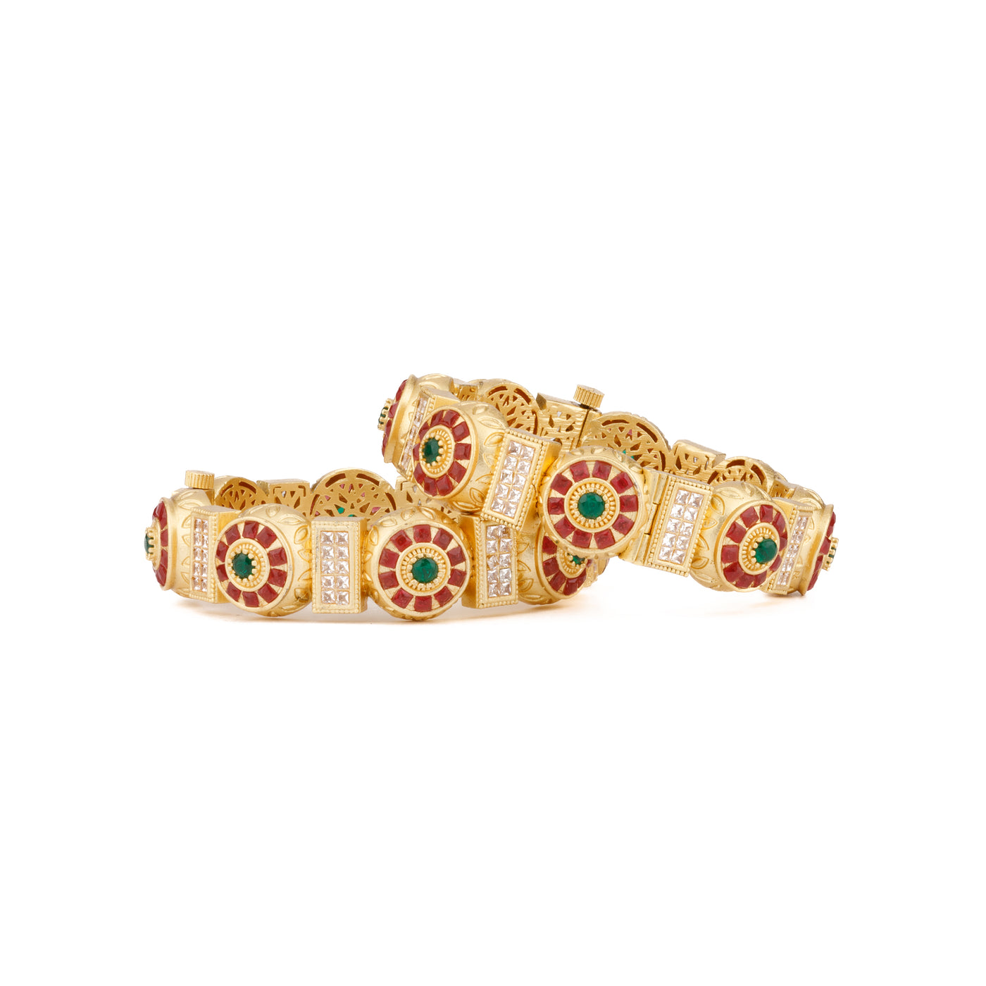 Gold Plated Kundan & Green Onyx Stone Bangles, Set of 2 - VB115