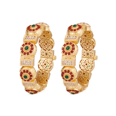 Gold Plated Kundan & Green Onyx Stone Bangles, Set of 2 - VB115