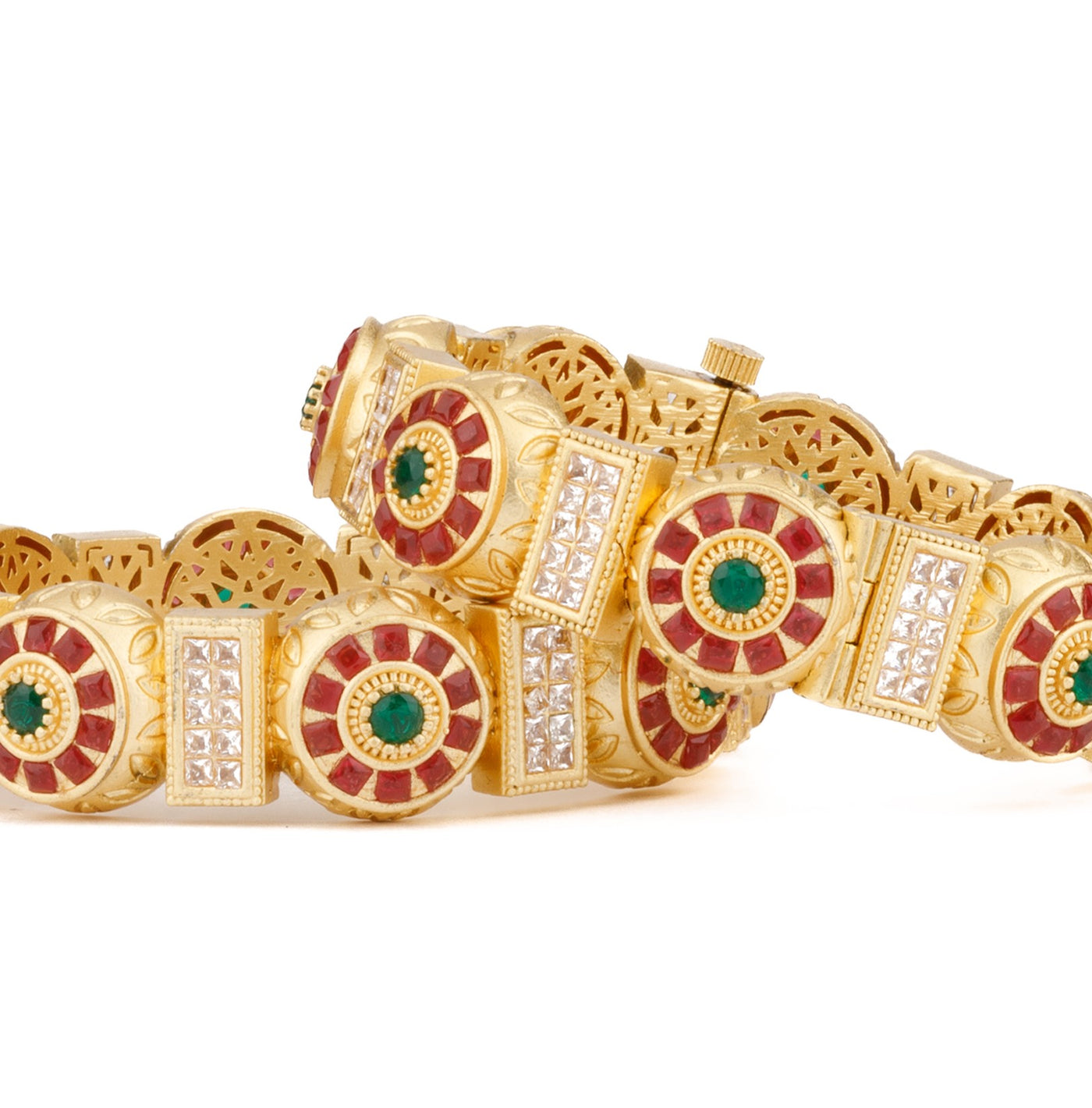 Gold Plated Kundan & Green Onyx Stone Bangles, Set of 2 - VB115