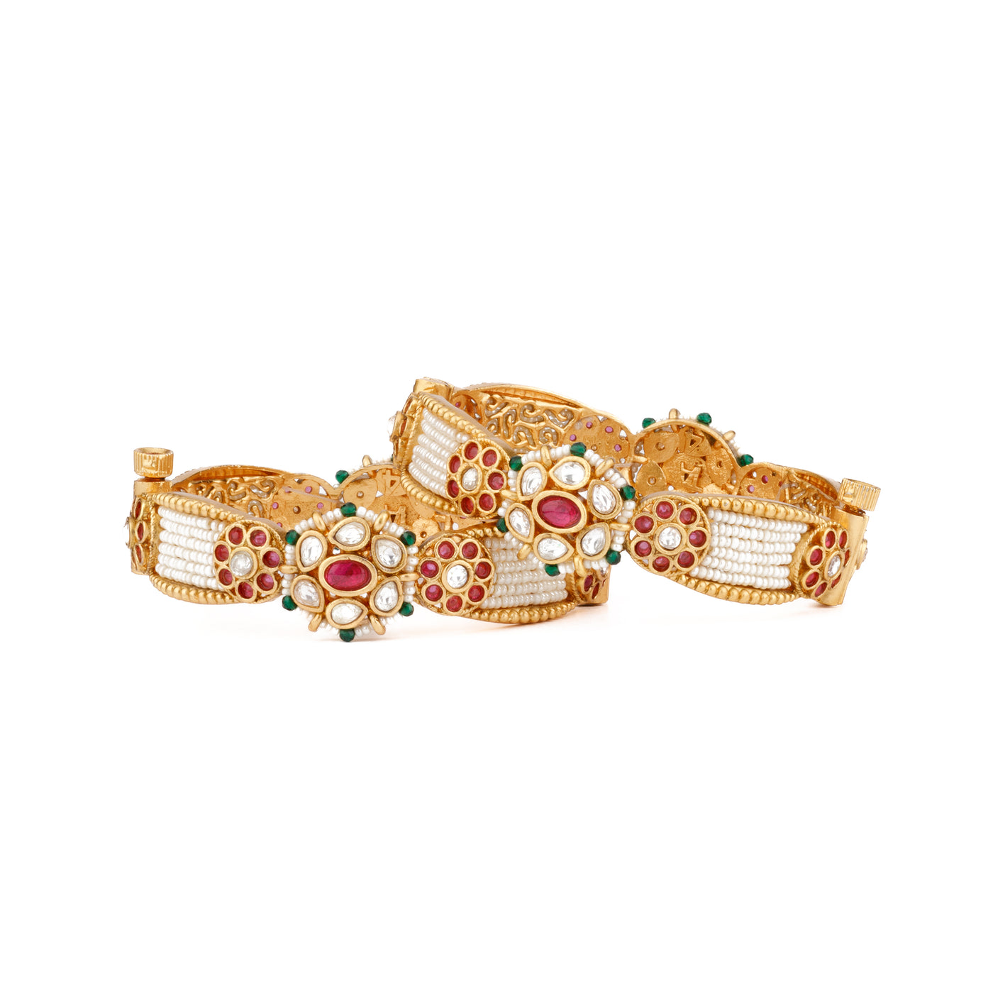 Gold Plated Kundan With Red Onyx Stone Mixed Flower & Pearls Bangles, Set of 2 - VB119