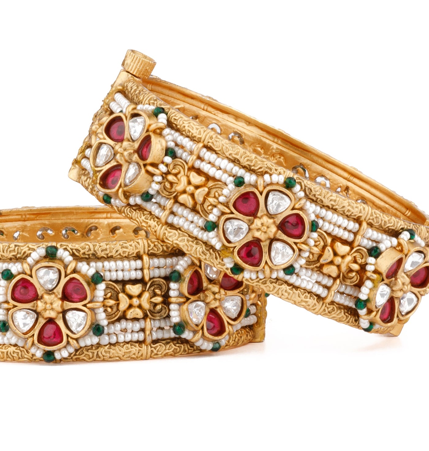 Gold Plated Kundan With Red Onyx Stone Mixed Flower & Pearls Bangles, Set of 2 - VB119