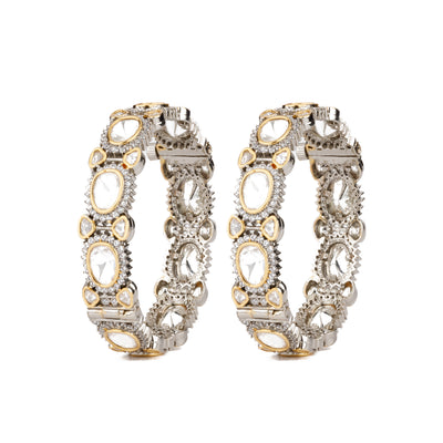 Two Tone Rhodium Plated Kundan Studded Bangles, Set of 2 - VB123