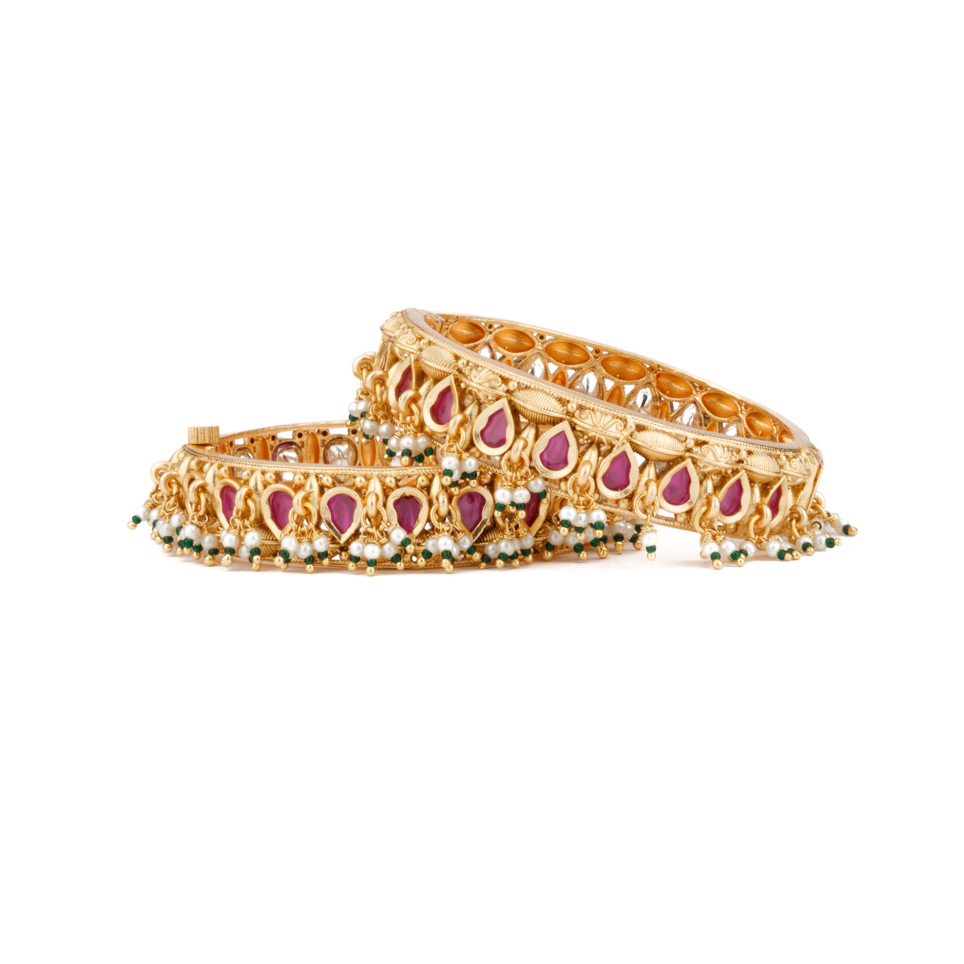 Gold Plated Pink Onyx Stone Studded With Pearl Drop Bangles, Set of 2 - VB126