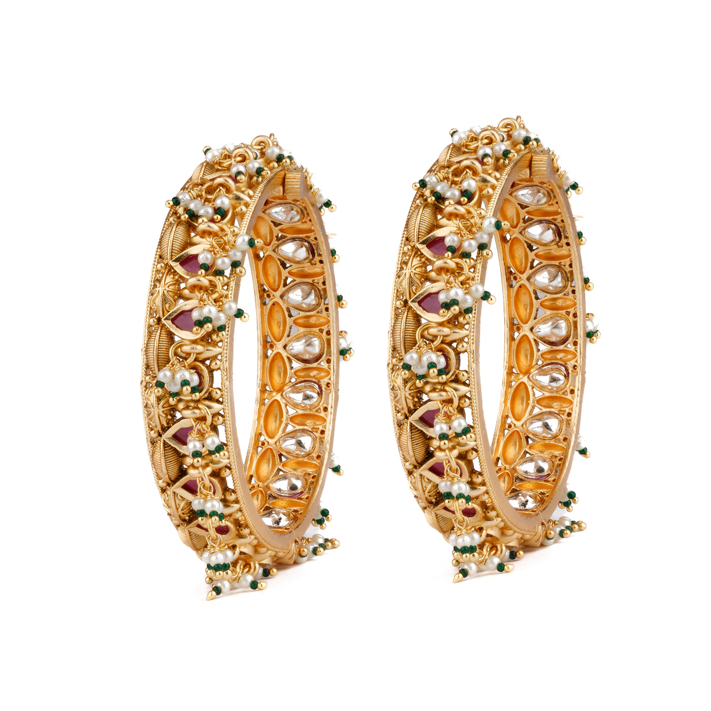 Gold Plated Pink Onyx Stone Studded With Pearl Drop Bangles, Set of 2 - VB126