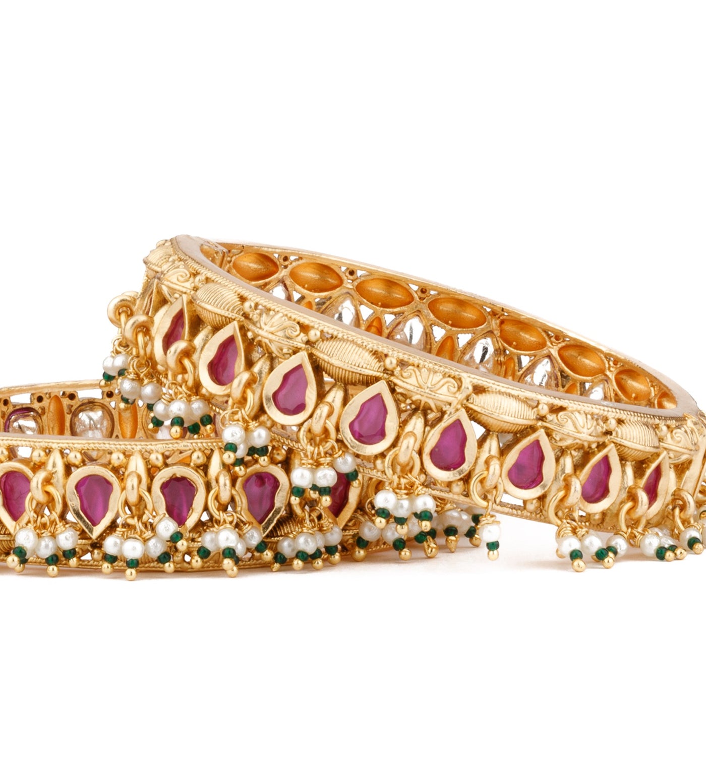 Gold Plated Pink Onyx Stone Studded With Pearl Drop Bangles, Set of 2 - VB126