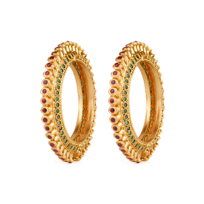 Gold Plated Red & Green Onyx Stone Studded Bangles, Set of 2 - VB130