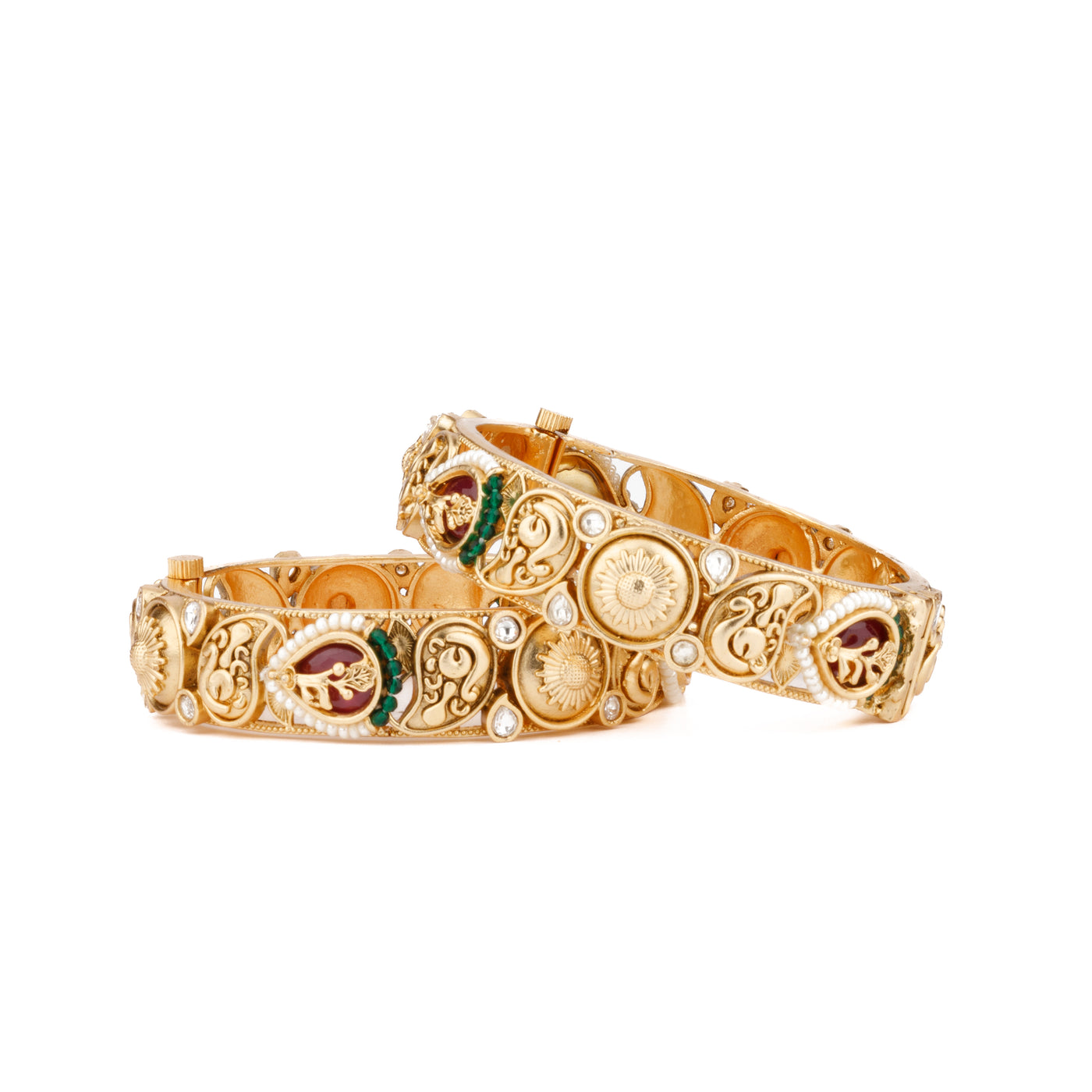 Gold Plated Kundan With Red Onyx Stone & Pearl Bangles, Set of 2 - VB132