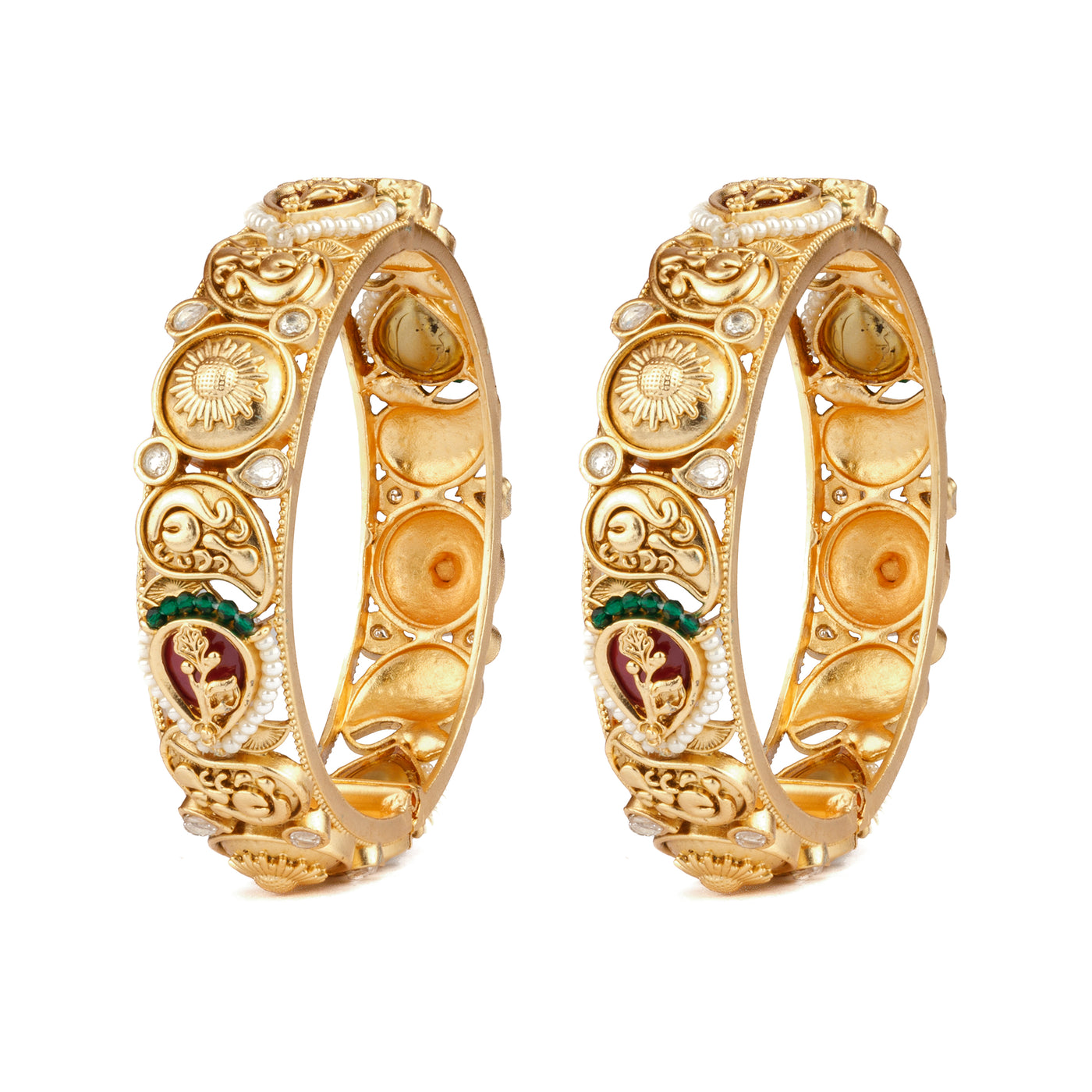 Gold Plated Kundan With Red Onyx Stone & Pearl Bangles, Set of 2 - VB132