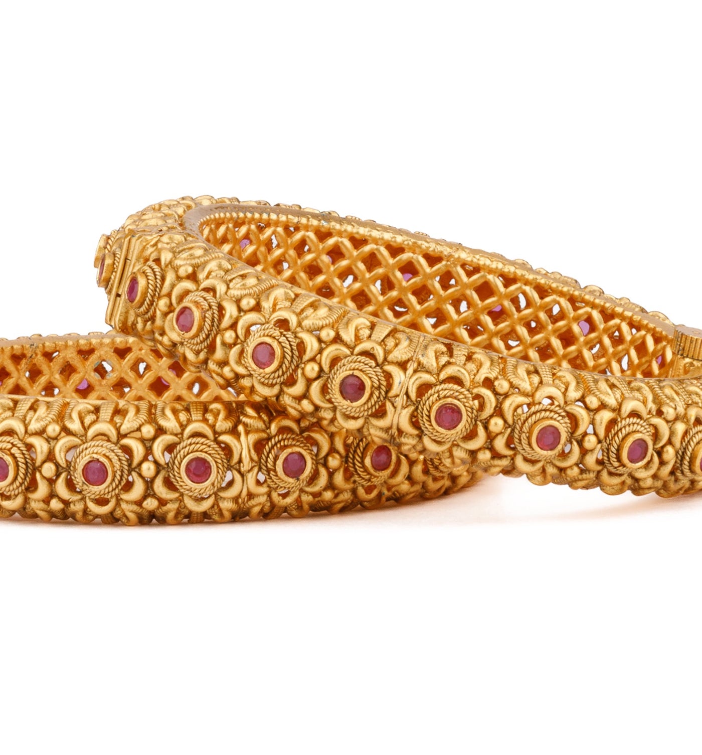 Gold Plated Pink Onyx Stone Studded Flower Motif Temple Bangles, Set of 2 - VB136