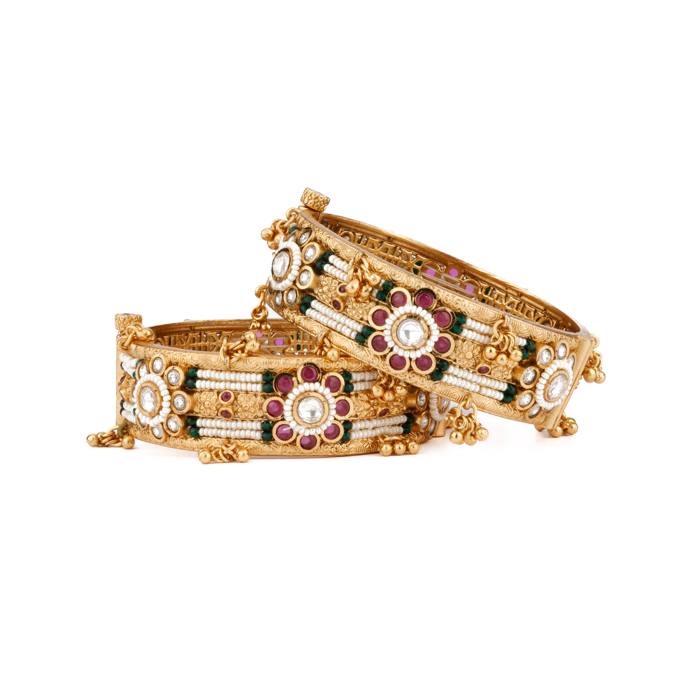 Gold Plated Kundan & Pink Onyx Stone Flower Motif Kada Bangles, Set of 2 - VB137