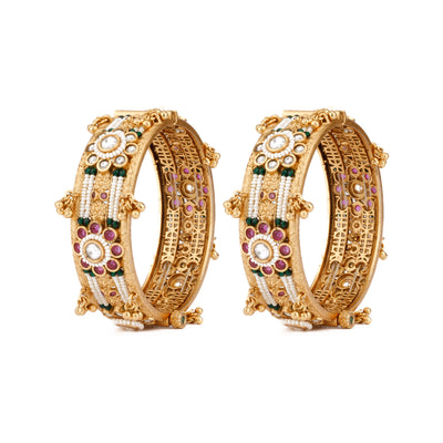 Gold Plated Kundan & Pink Onyx Stone Flower Motif Kada Bangles, Set of 2 - VB137