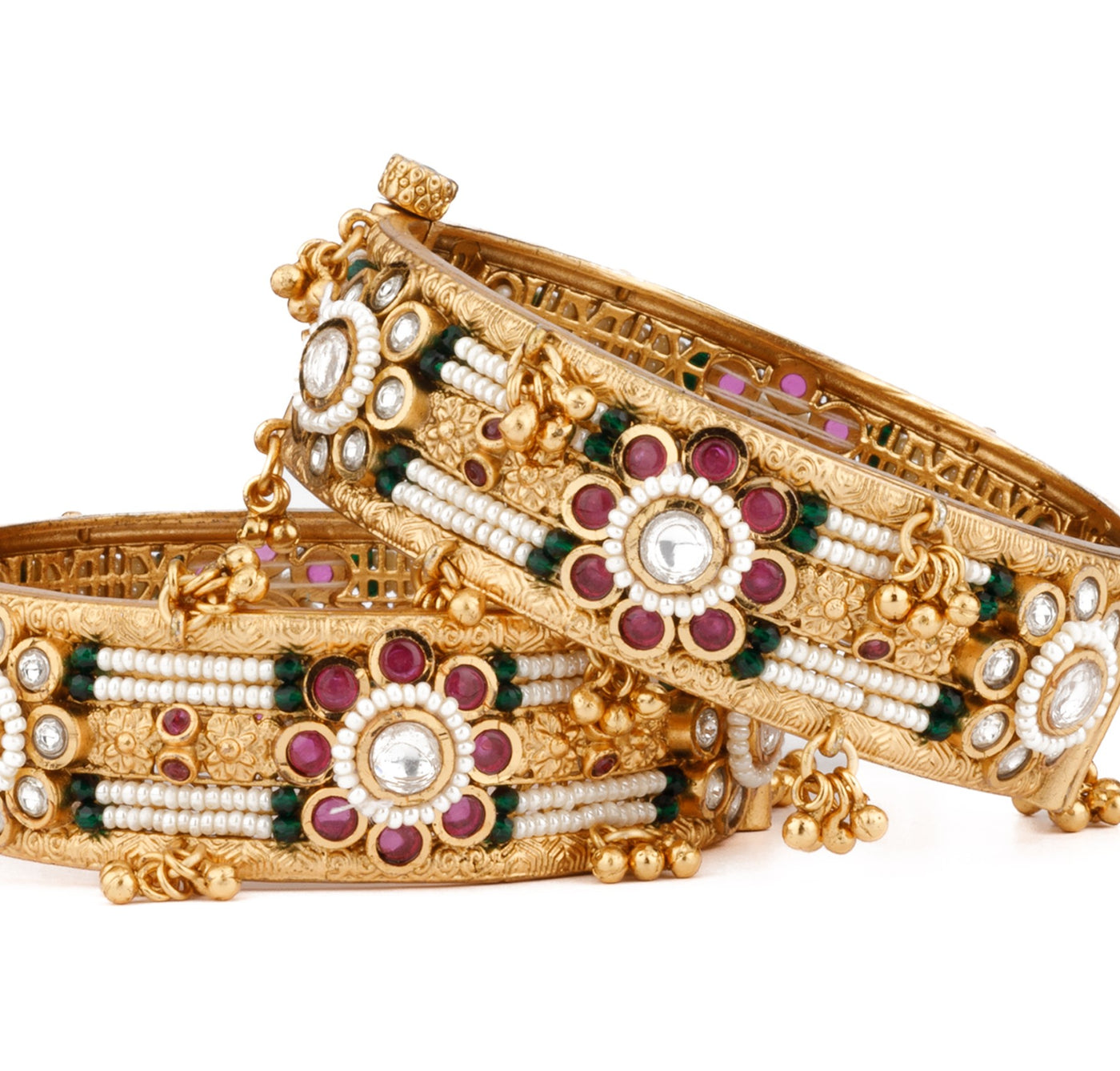 Gold Plated Kundan & Pink Onyx Stone Flower Motif Kada Bangles, Set of 2 - VB137