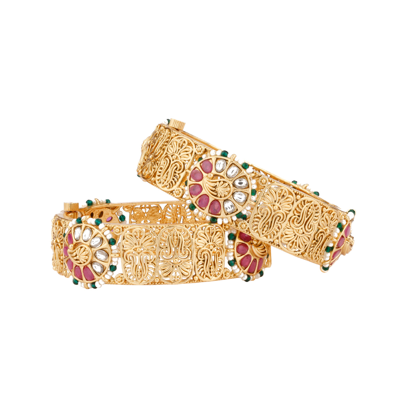 Gold Plated Kundan & Red Onyx Stone Birds Motif Bangles, Set of 2 - VB139