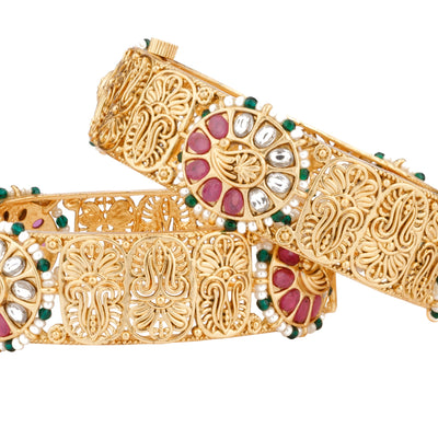 Gold Plated Kundan & Red Onyx Stone Birds Motif Bangles, Set of 2 - VB139