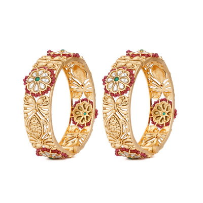 Gold Plated Kundan Encircled With Red Beads Flower Motif, Set of 2 - VB140