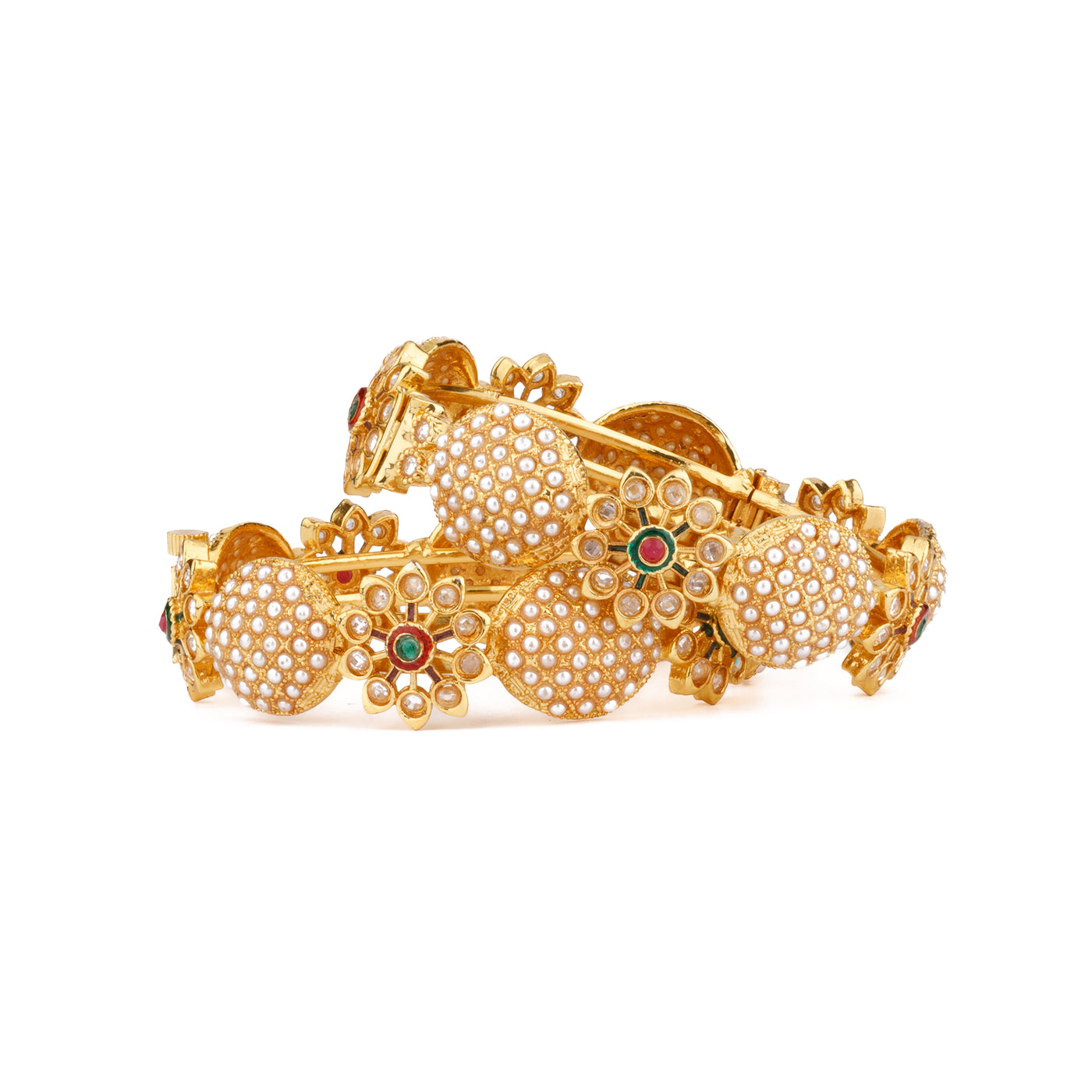 Gold Plated Pearls Studded Openable Bangles, Set of 2 - VB141