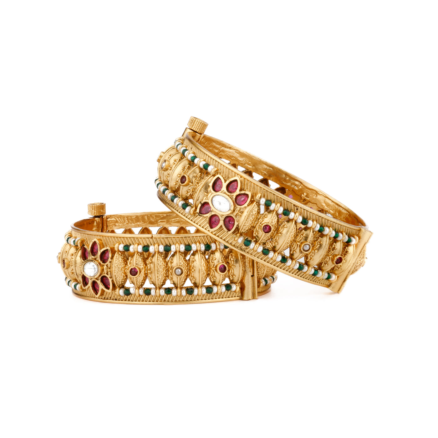 Gold Plated Kundan & Red Onyx Stone Studded Flower With Multi Colour Pearls Bangles, Set of 2 - VB142