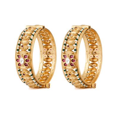 Gold Plated Kundan & Red Onyx Stone Studded Flower With Multi Colour Pearls Bangles, Set of 2 - VB142