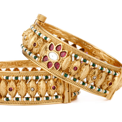 Gold Plated Kundan & Red Onyx Stone Studded Flower With Multi Colour Pearls Bangles, Set of 2 - VB142