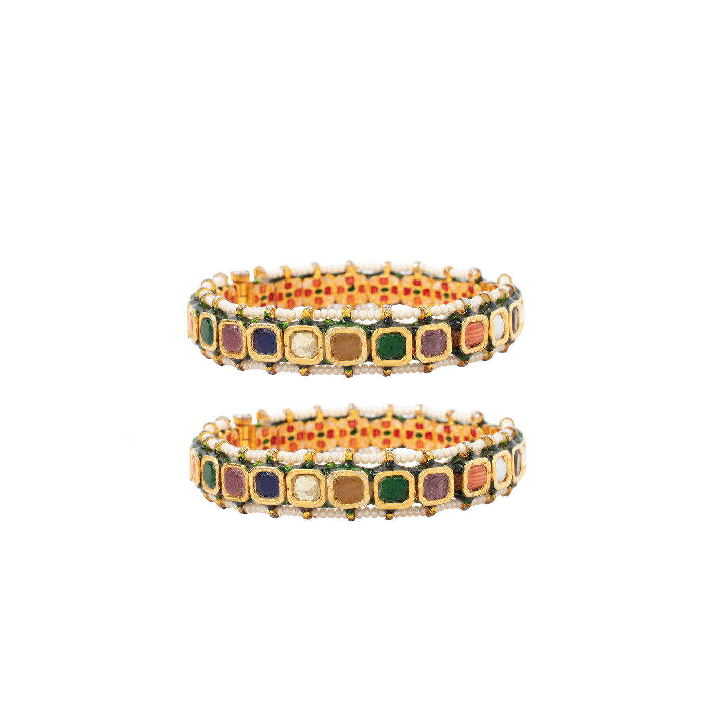 Gold Plated Multi Colour Stones With Encircled Beads Screw Openable Bangles, Set of 2 - VB305