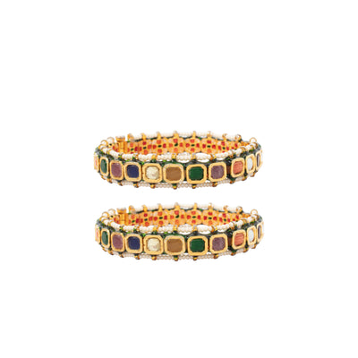 Gold Plated Multi Colour Stones With Encircled Beads Screw Openable Bangles, Set of 2 - VB305