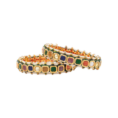 Gold Plated Multi Colour Stones With Encircled Beads Screw Openable Bangles, Set of 2 - VB305