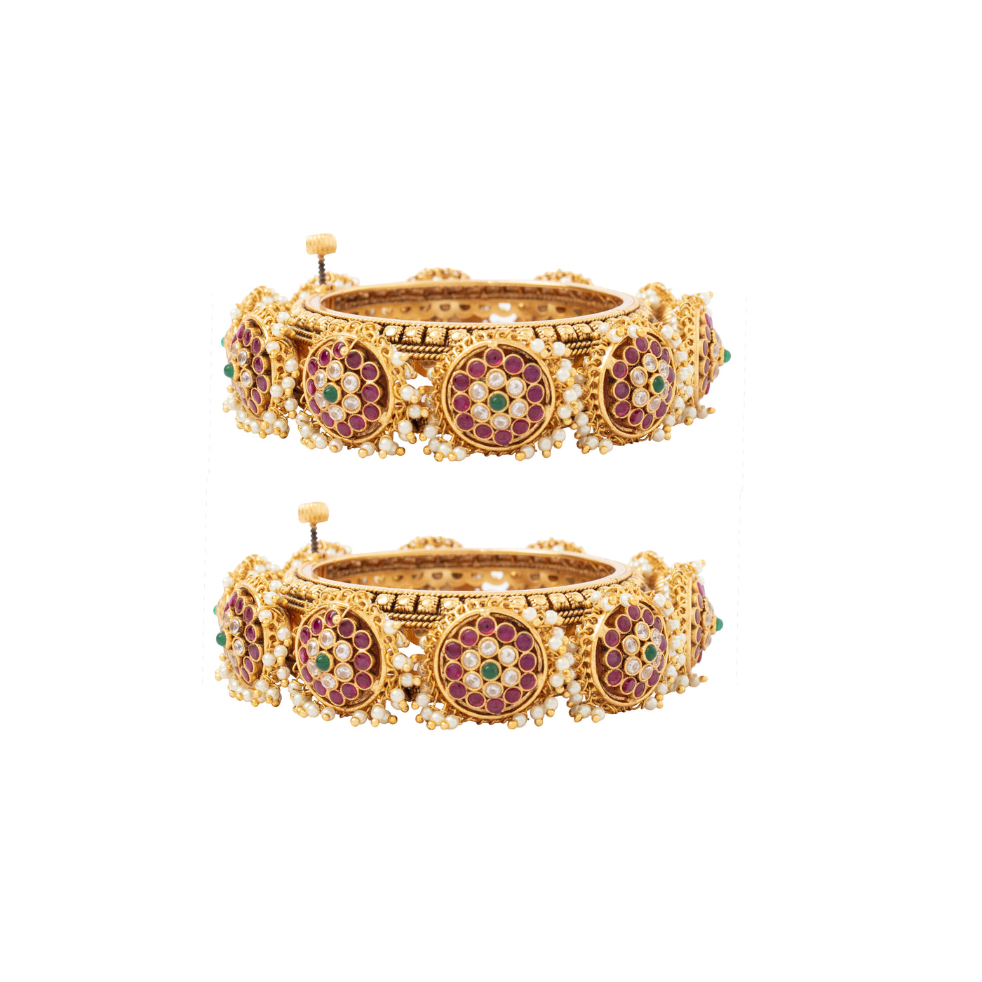 Gold Plated Kundan With Red Onyx Stone Screw Openable Bangles, Set of 2 - VB309