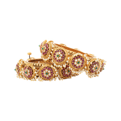 Gold Plated Kundan With Red Onyx Stone Screw Openable Bangles, Set of 2 - VB309