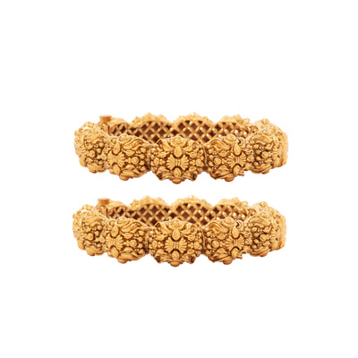 Gold Plated Flower Motif Temple Screw Openable Bangles, Set of 2 - VB331