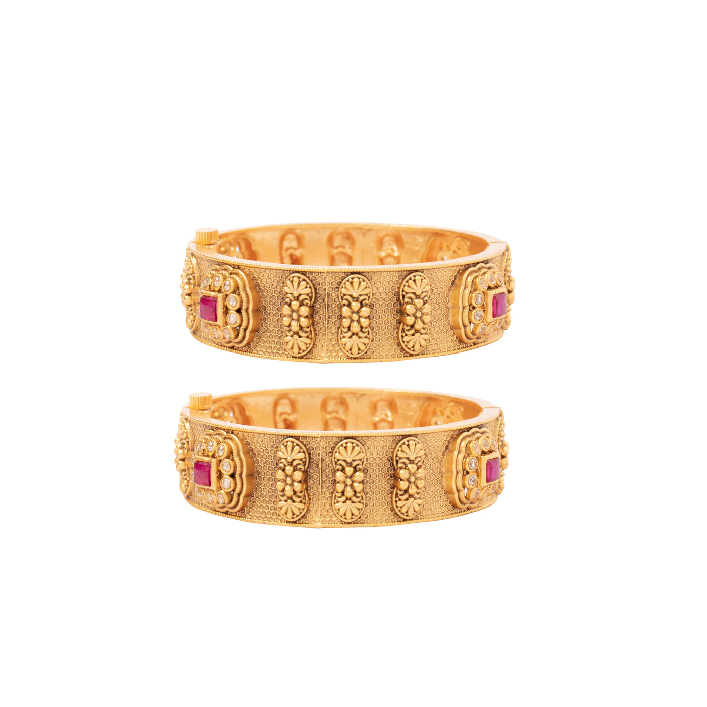 Gold Plated Red Onyx Temple Bangles, Set of 2 - VB334