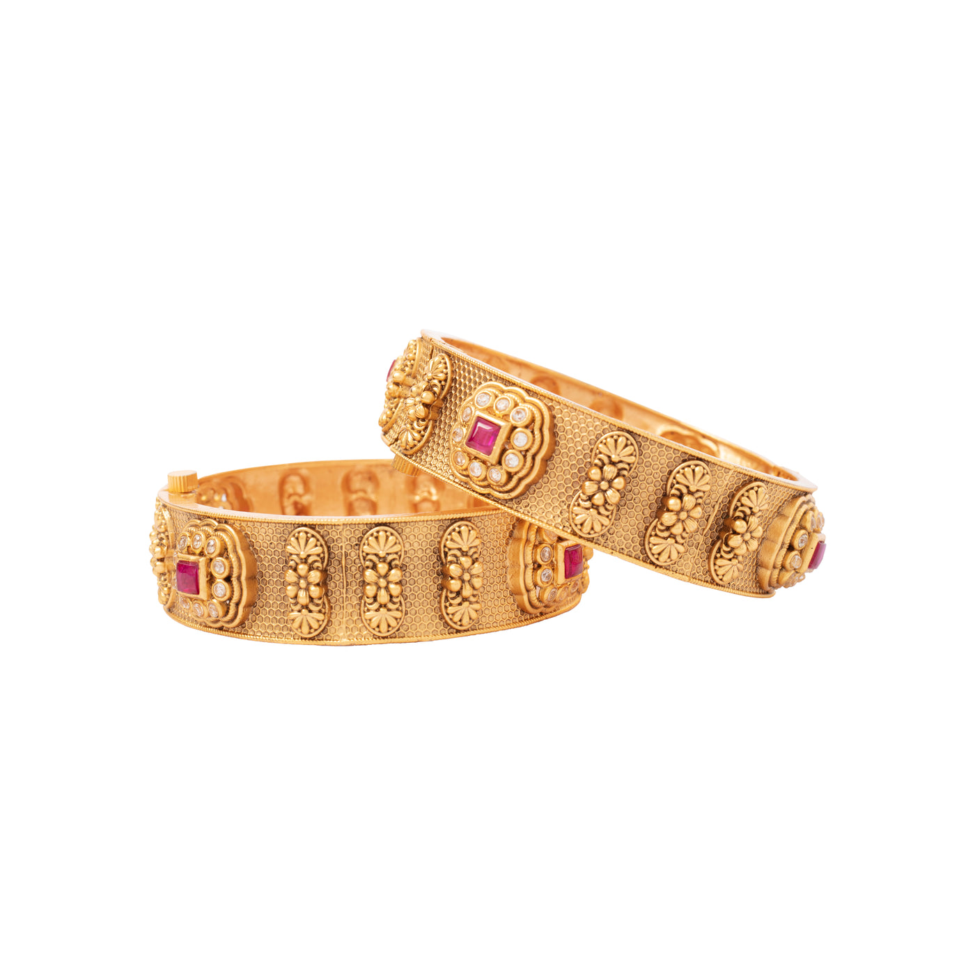 Gold Plated Red Onyx Temple Bangles, Set of 2 - VB334