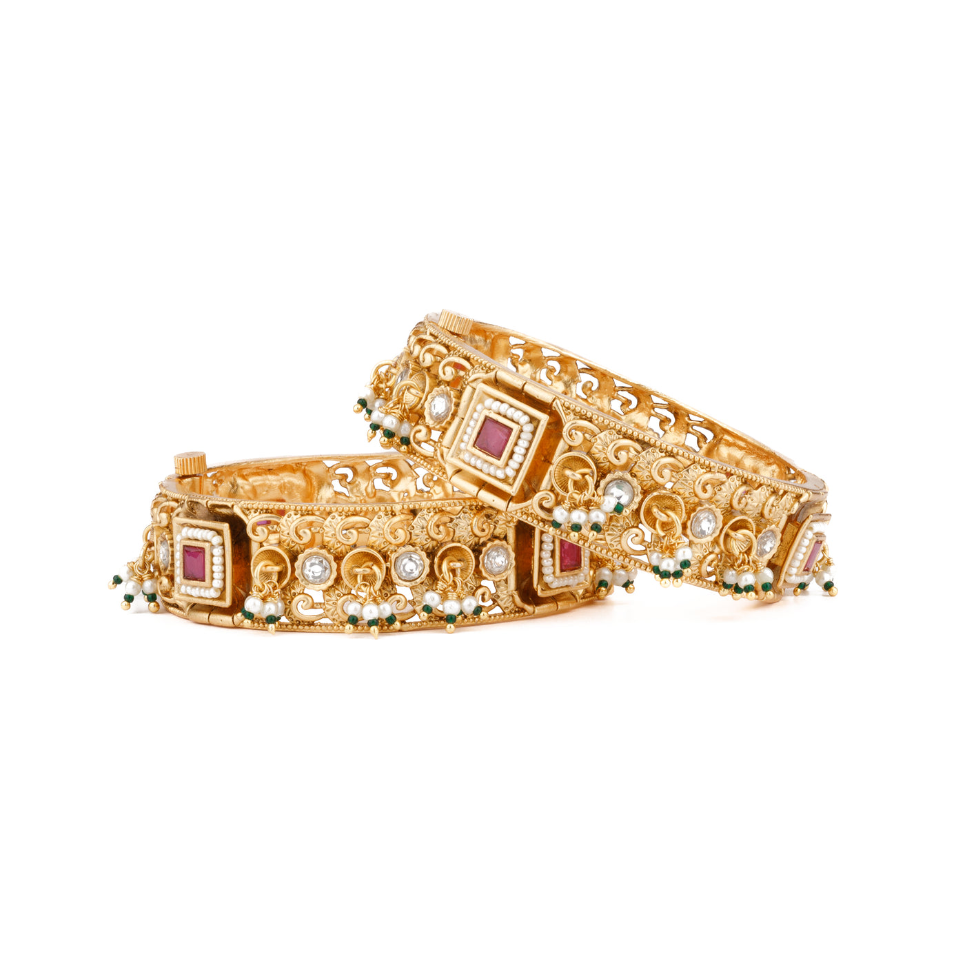 Gold Plated Kundan &  Red Onyx Stone Bangles, Set of 2- VB362