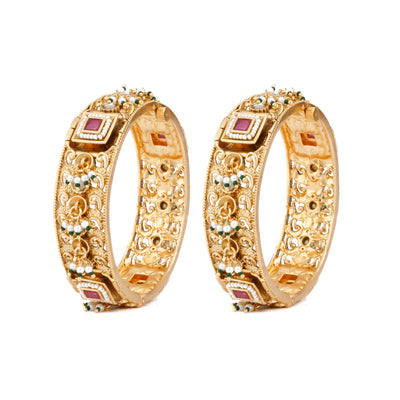 Gold Plated Kundan &  Red Onyx Stone Bangles, Set of 2- VB362