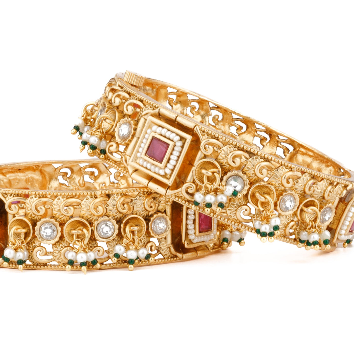 Gold Plated Kundan &  Red Onyx Stone Bangles, Set of 2- VB362