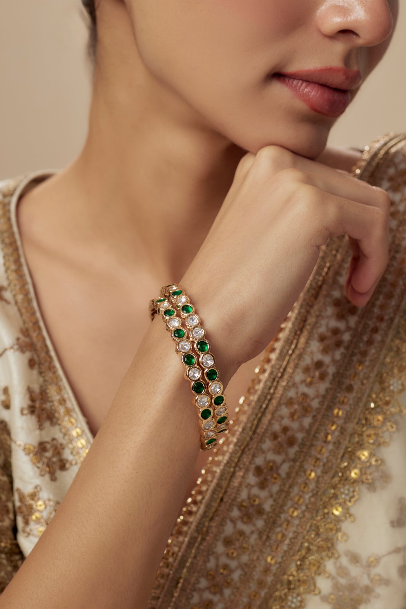 vivinia BY VIDHI MEHRA Saadgi Gold Plated Green Womens Kundan, Polki Pair of Bangles (2.4,2.6) - VB656