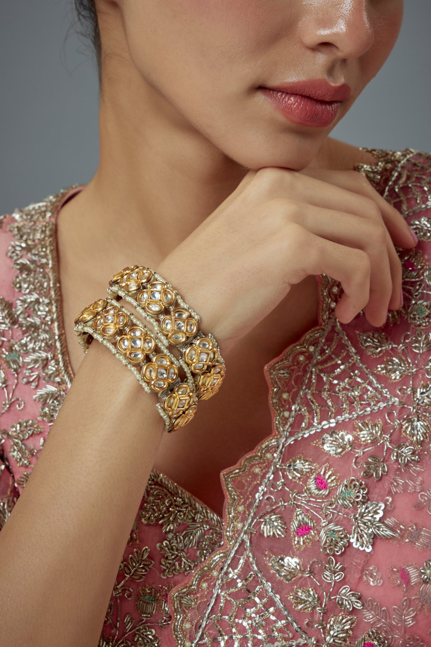 vivinia BY VIDHI MEHRA Saadgi Gold Plated Pink Kundan, Polki Womens Pair of bangles (2.4,2.6) - VB679